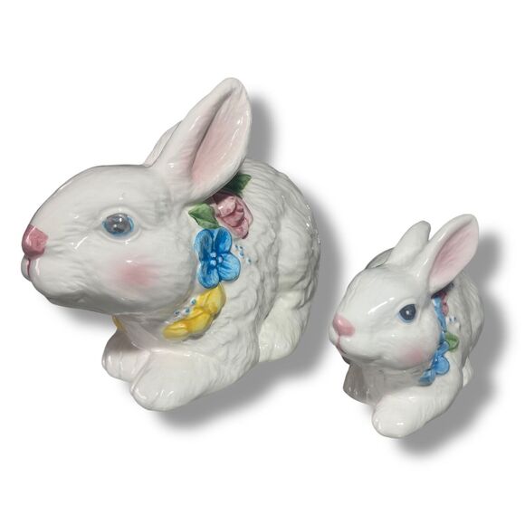Easter Spring Decor 2 Bunny Rabbit Glazed White Ceramic Floral Necklaces Vintage - Picture 3 of 8